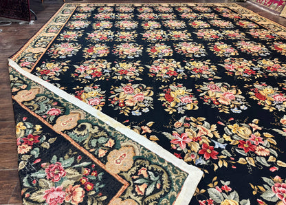 Palace Size Needlepoint Rug 12x16 Handmade Wool Floral Panel Black and Colorful
