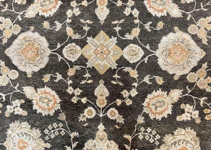 Indo Persian Rug 9x12 Hand Knotted Wool Vintage Floral Dark Brown Carpet