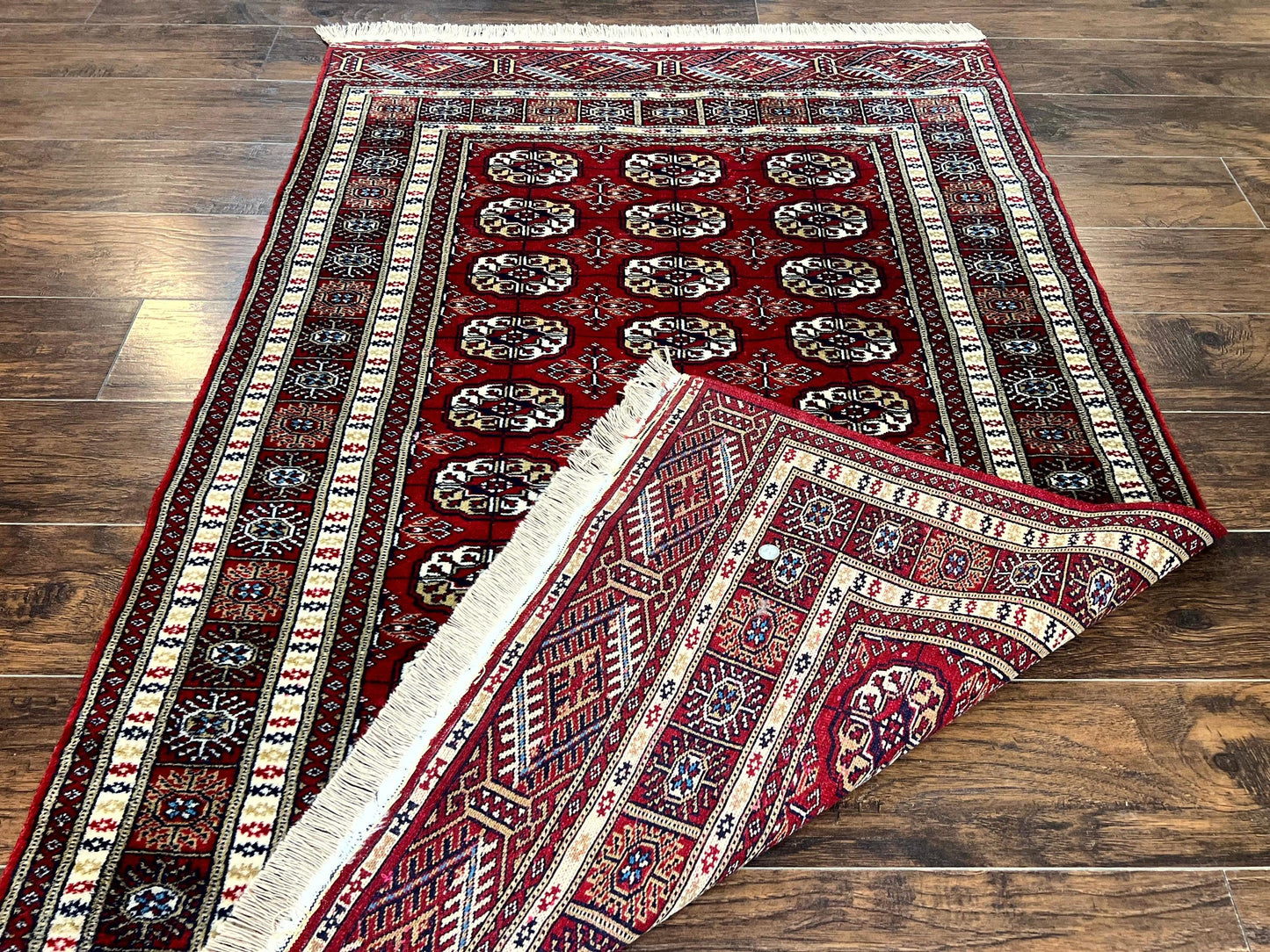 Pakistani Bokhara Rug 4x6, Red Turkoman Carpet, Finely Hand Knotted, Wool Vintage Rug