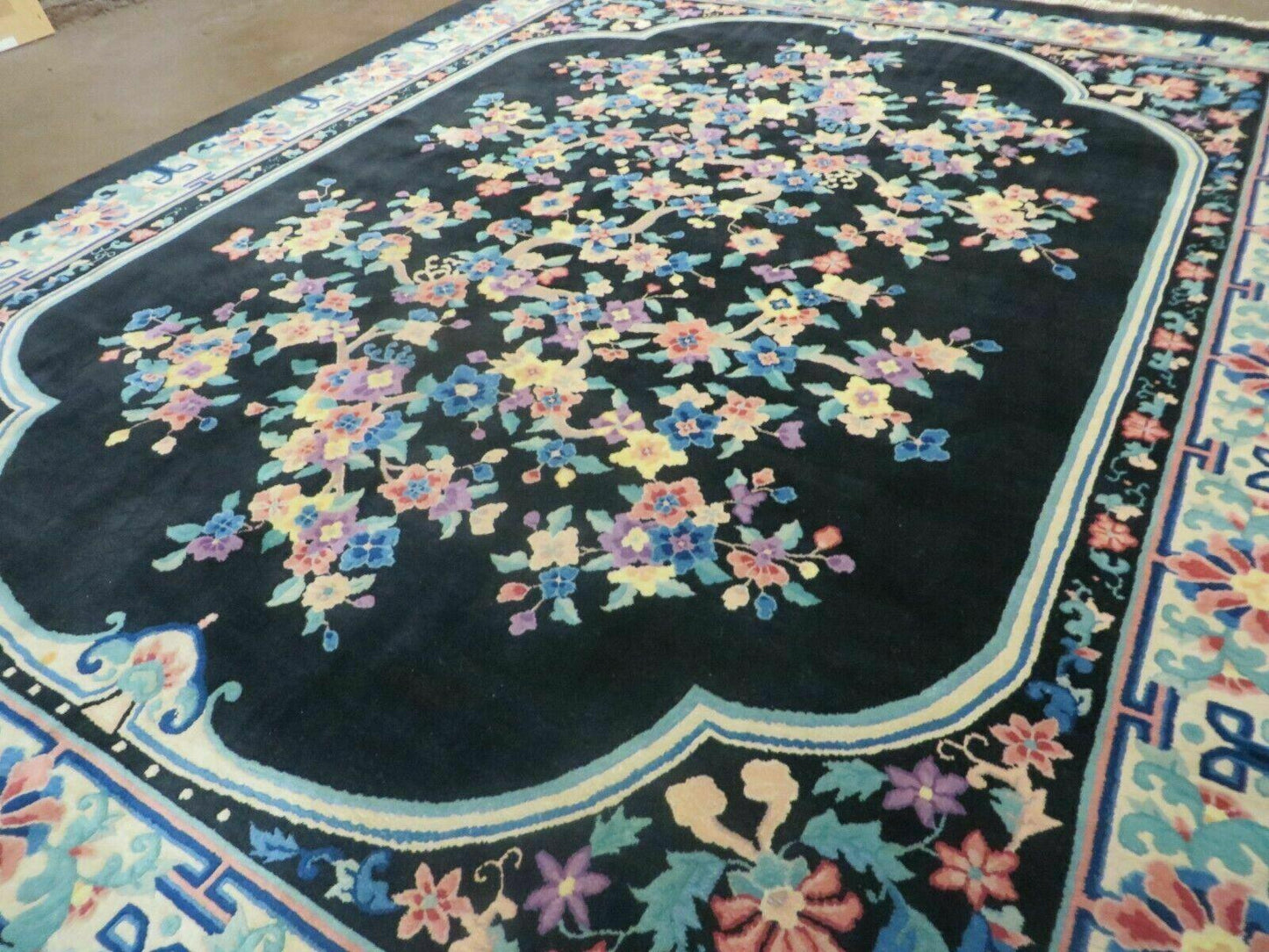 Art Deco Wool Rug Vintage Hand Knotted 8x10 Center Flower Black