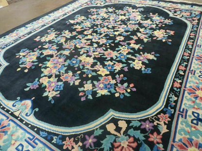 Art Deco Wool Rug Vintage Hand Knotted 8x10 Center Flower Black