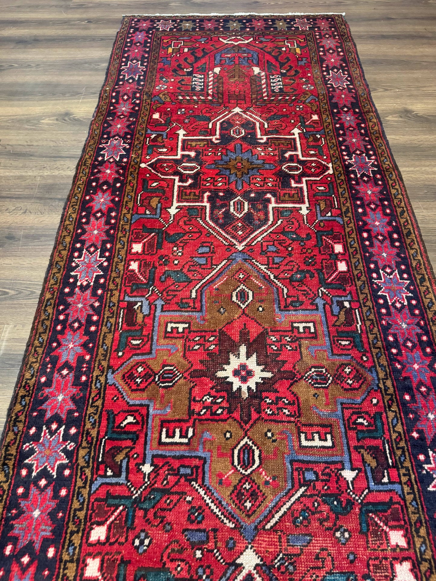 Persian Heriz Karajeh Runner Rug 3.7 x 12, Geometric Medallions, Red and Navy Blue