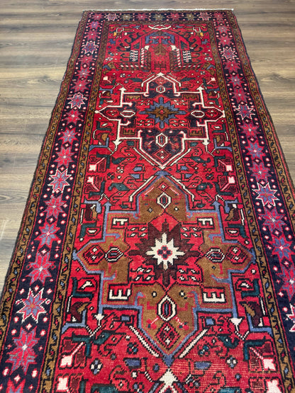 Persian Heriz Karajeh Runner Rug 3.7 x 12, Geometric Medallions, Red and Navy Blue