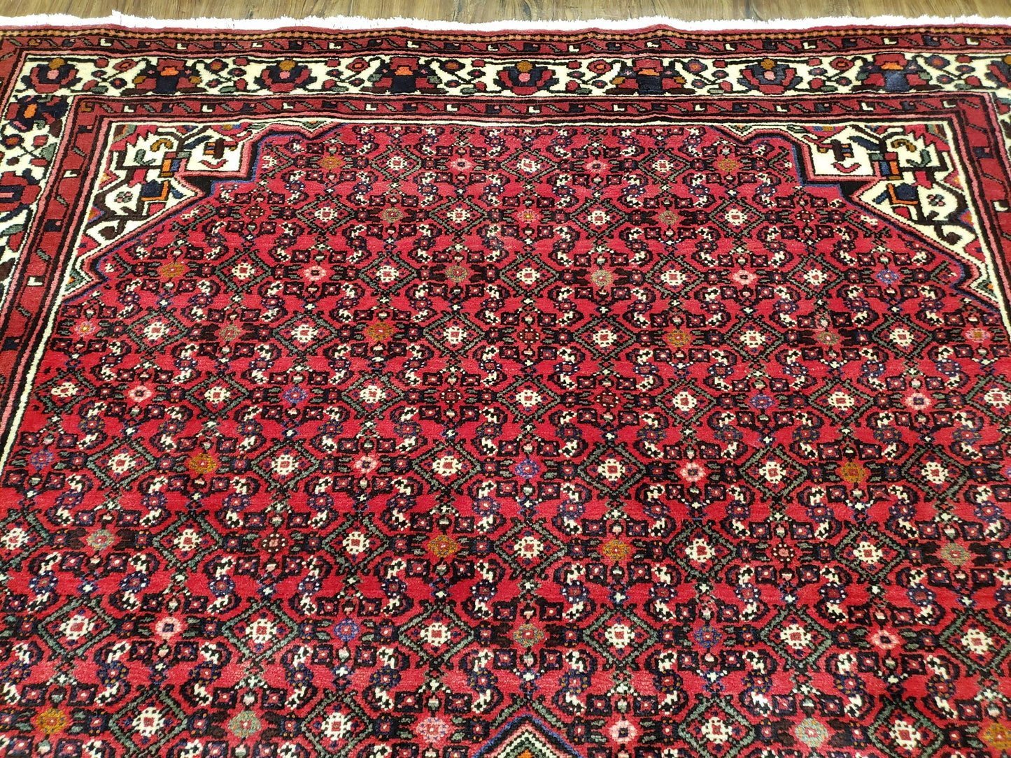 Vintage Persian Hamedan Rug 7x10, Angelas Mahi Pattern, Red, Wool, Hand-Knotted
