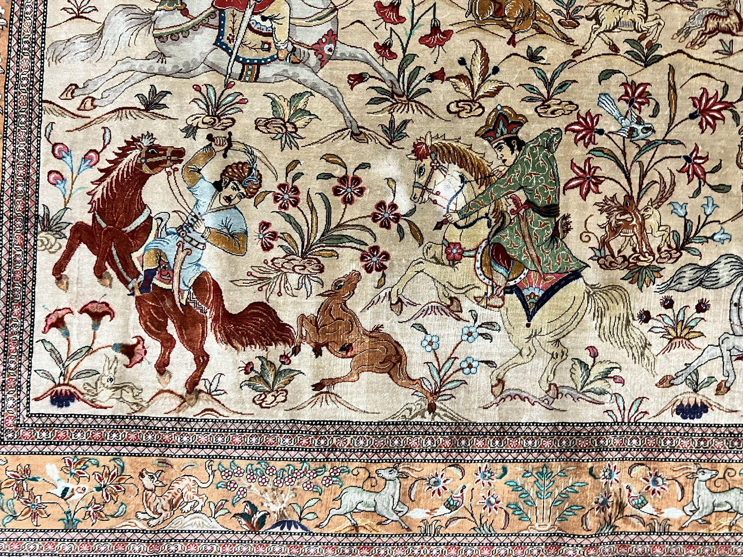 Silk Persian Qum Rug 3x5 Hunting Pattern Handmade Vintage Carpet Signed By Master Weaver