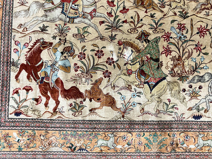 Silk Persian Qum Rug 3x5 Hunting Pattern Handmade Vintage Carpet Signed By Master Weaver
