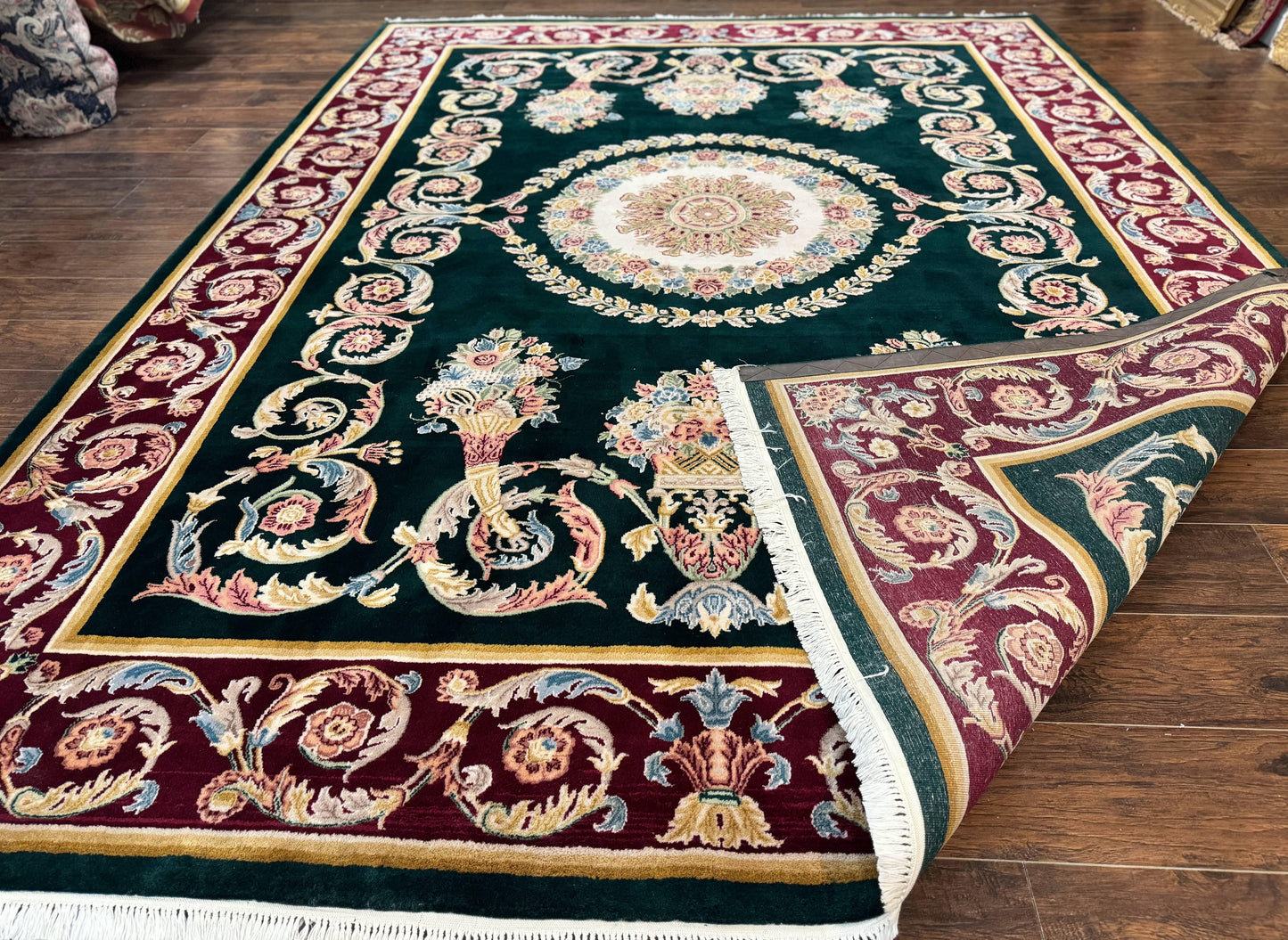 Aubusson Rug 9x12 Hand Knotted Wool Vintage European Design Dark Green Elegant Carpet