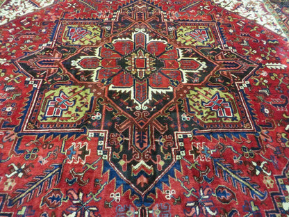 Persian Heriz Rug Hand Knotted Wool Red Ivory Dark Blue 8 Foot 6 Inch By 11 Foot Geometric Medallion Semi Antique