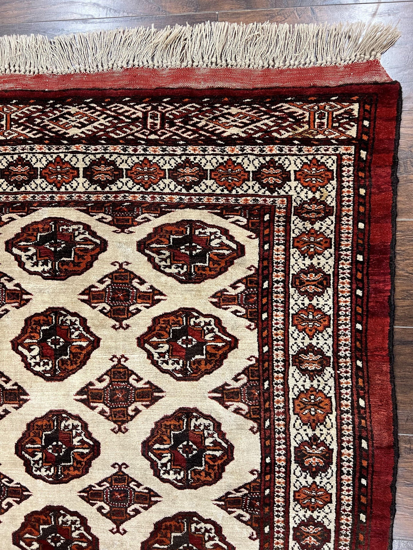 Persian Turkoman Rug Yamud 7x8 Hand Knotted Cream Red Bohemian Tribal Carpet