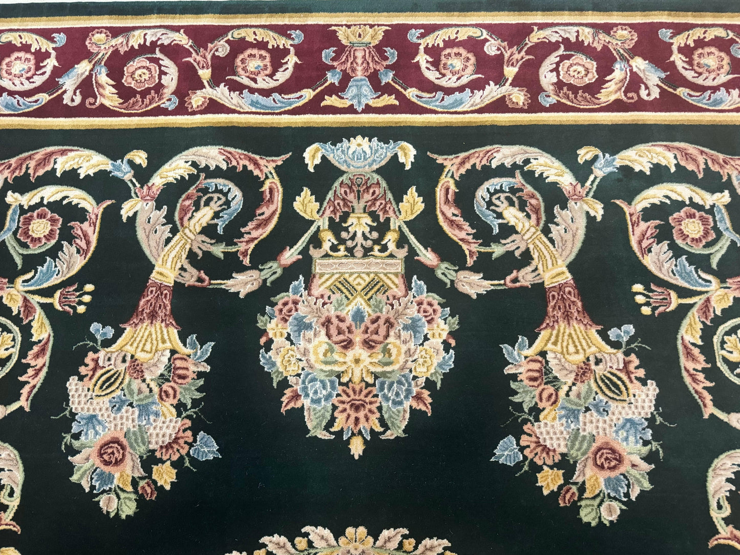 Aubusson Rug 9x12 Hand Knotted Wool Vintage European Design Dark Green Elegant Carpet