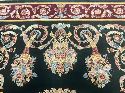 Aubusson Rug 9x12 Hand Knotted Wool Vintage European Design Dark Green Elegant Carpet