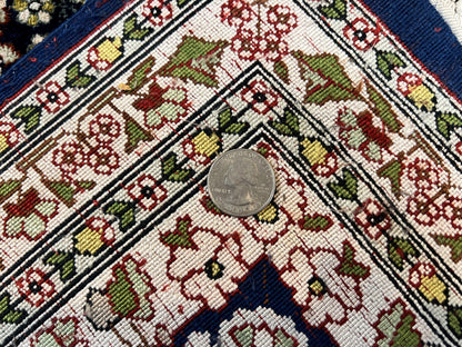 Kashmiri Silk Rug 5x7 Navy Blue Indo Persian Hand Knotted Birds Pattern Silk Carpet
