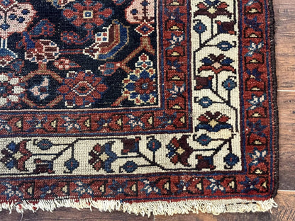 Antique Persian Rug Hamadan 3x6 Navy Blue Ivory Handmade Wool Carpet
