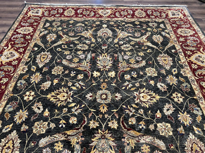 Pak Persian Mahal Rug 9x12, Allover Floral Pakistani Oriental Carpet 9 x 12, Wool Hand Knotted Area Rug, Dark Slate Gray-Black and Maroon