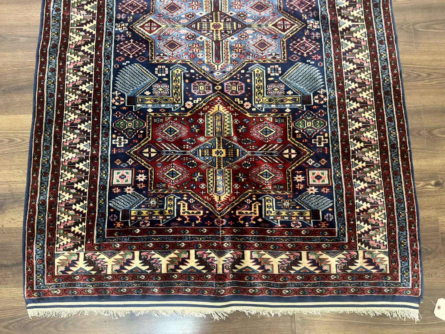 Indian Rug with Caucasian Design, 4x6 Geometric Carpet, Navy Blue and Cream