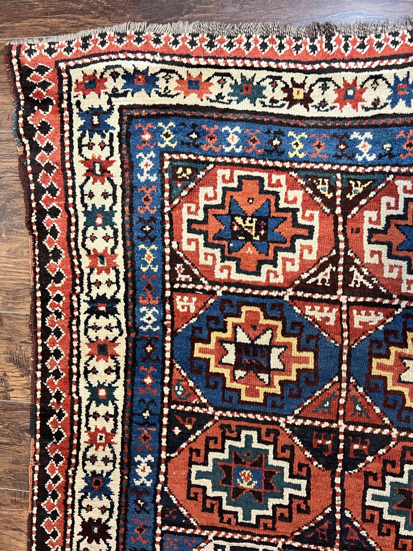 Antique Caucasian Kazak Runner Rug 4 x 9.5, Handmade Wool Rug for Hallway, Rare Colorful Panel Design Mid 19th Century 1870s Oriental Carpet