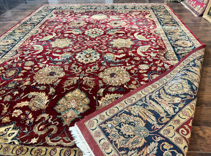 Indo Persian Rug 10x14 Vintage Handmade Wool Carpet Dark Red Navy Blue Beige