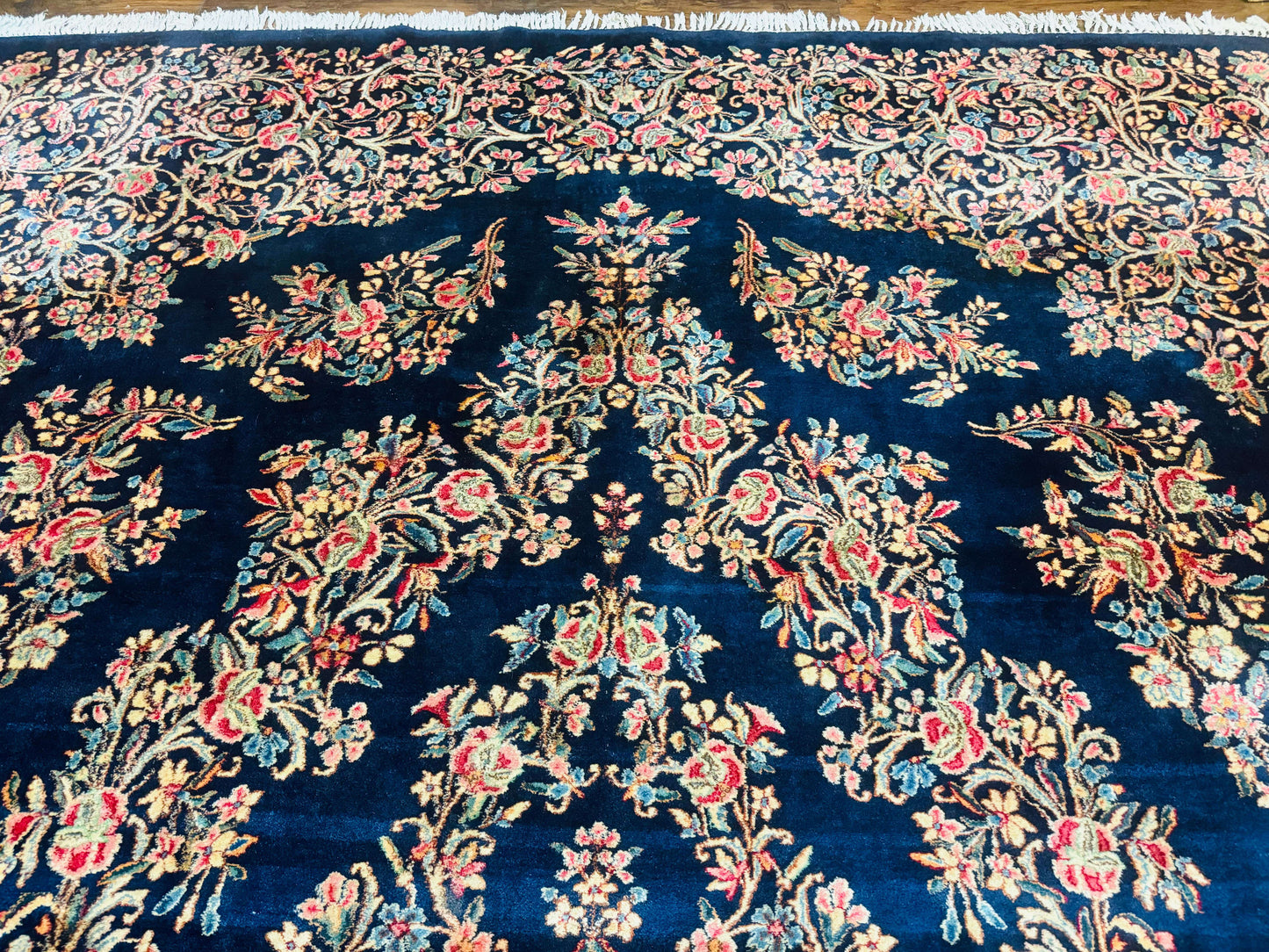 Antique Persian Kerman Rug 10x13 Navy Blue Floral Carpet Fine 270 KPSI