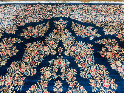 Antique Persian Kerman Rug 10x13 Navy Blue Floral Carpet Fine 270 KPSI