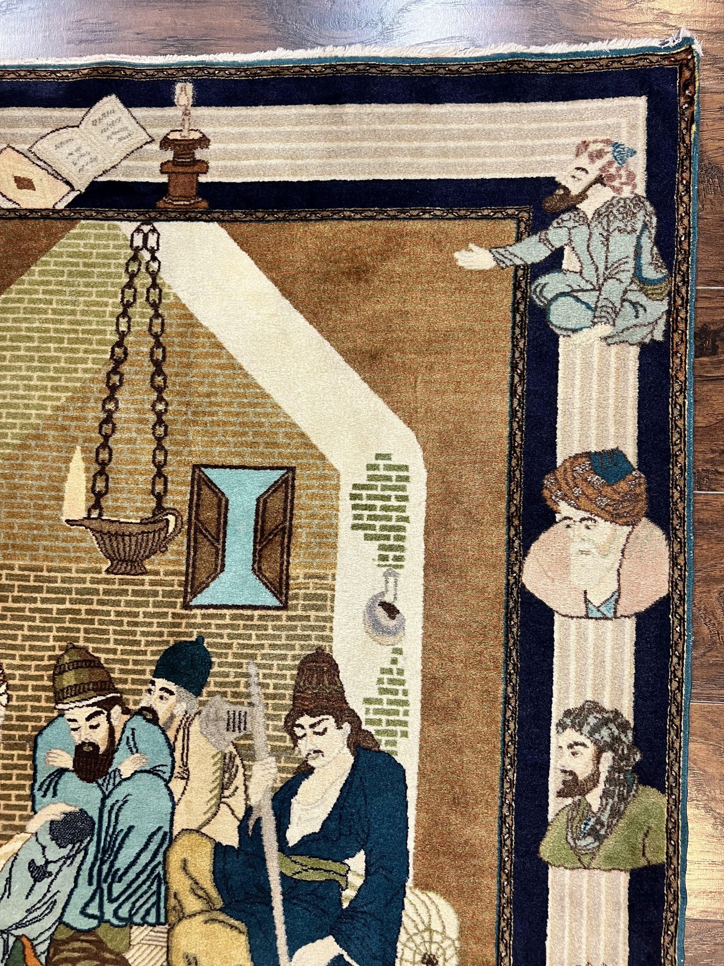 Persian Tabriz Pictorial Rug 3x5, Wall Hanging Carpet, Very Fine 60 Raj 475 KPSI, Hand Knotted Vintage Semi Antique, Wool, Persian Poetry