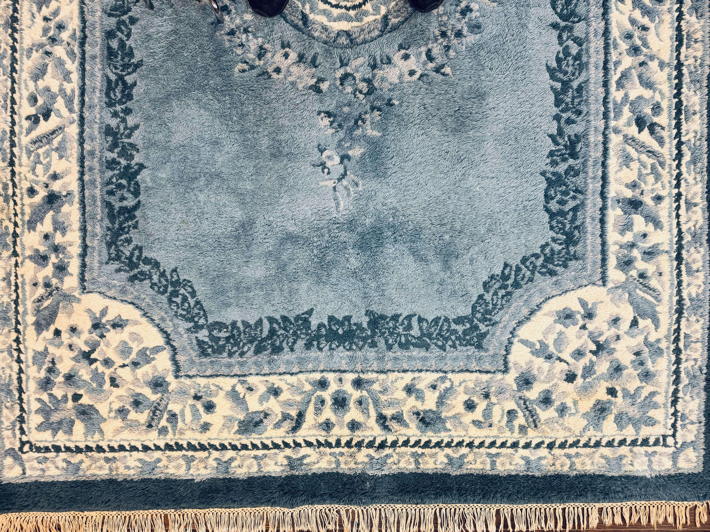 Indo Chinese Aubusson Rug 6x9 Handmade Vintage Wool Carpet Light Blue And Ivory