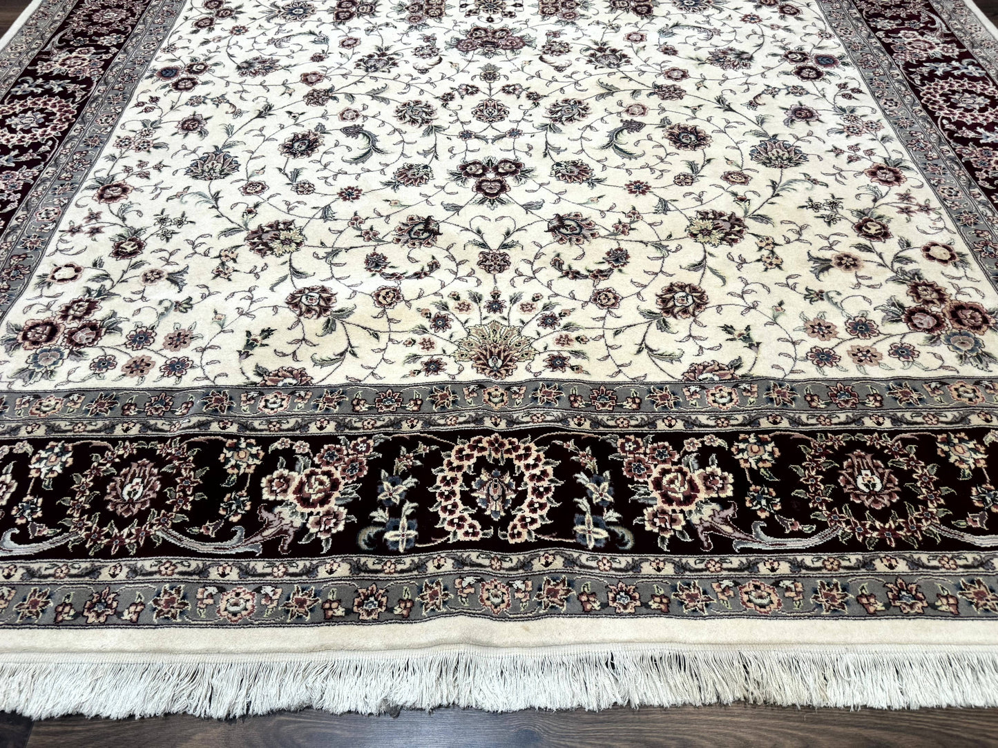 Sino Persian Rug 9x12 Hand Knotted Wool Silk Highlights Floral Allover Ivory And Dark Maroon