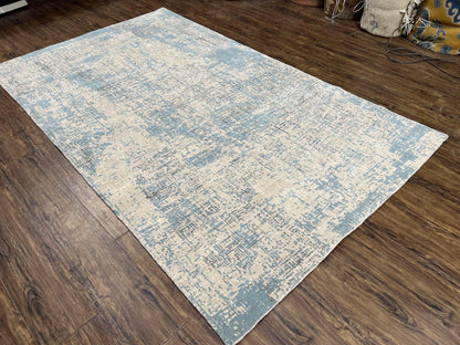 Modern Tibetan Rug 5x8 Ft Light Blue and Gray Wool Handmade Nepal Rug with Raised Pattern