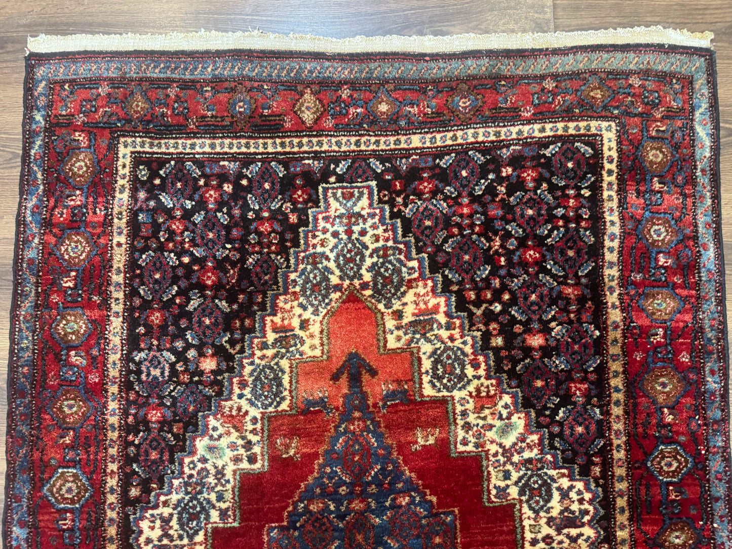 Senneh Rug Antique Persian Kurdish 4x5 Wool Geometric Medallion Carpet