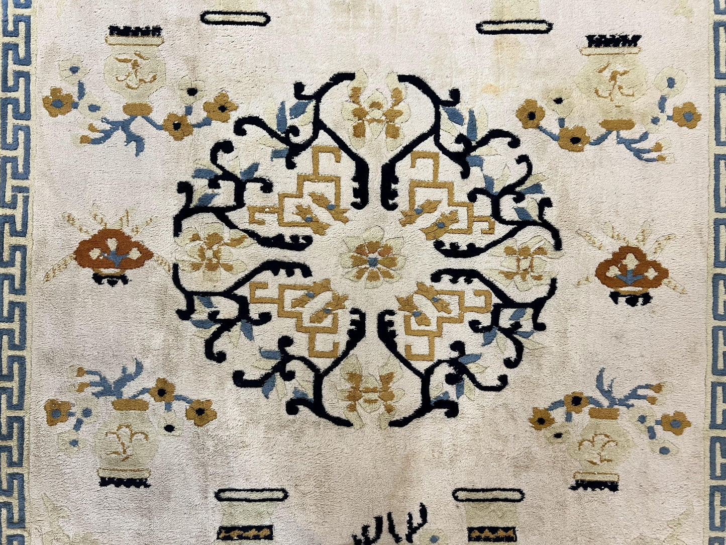 Indo Chinese Rug 9x12, Asian Oriental Carpet 9 x 12, Cream & Burnt Orange, Handmade Wool Vintage Art Deco Rug