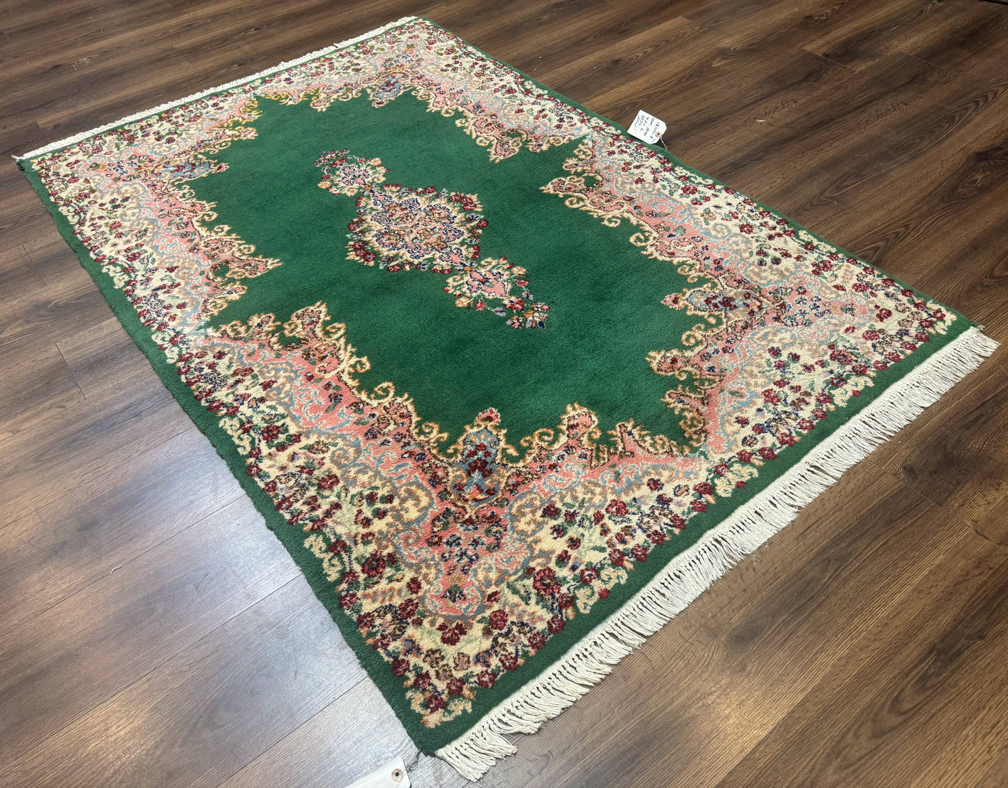 Green Persian Kerman Rug 4x6 Vintage Semi Open Field With Cream Borders