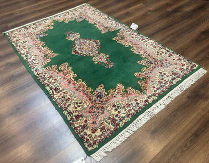 Green Persian Kerman Rug 4x6 Vintage Semi Open Field With Cream Borders