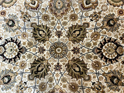 Round Pak Persian Rug 8x8, Vintage Handmade Wool Traditional Carpet, Beige Dark Red, Fine 270 KPSI