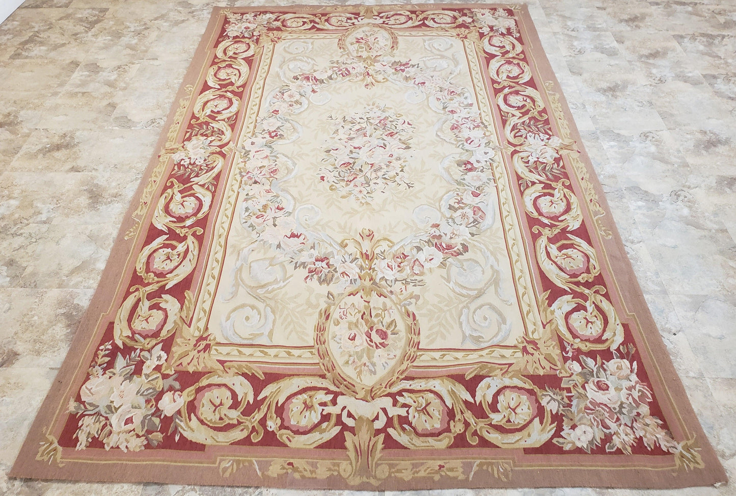 Aubusson Rug 6x9 Flatweave Wool Hand Woven Cream And Red