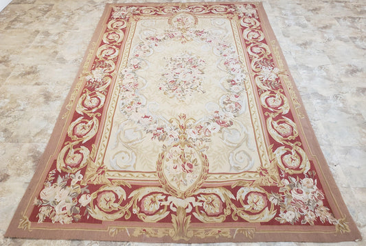 Aubusson Rug 6x9 Flatweave Wool Hand Woven Cream And Red
