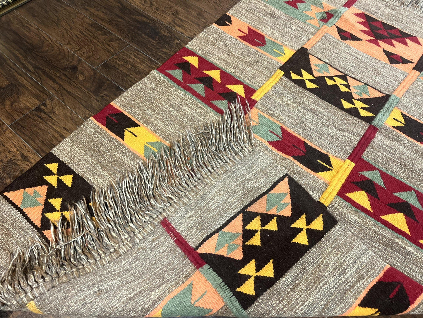 South American Flatweave Rug, Gray, Handmade Vintage Wool Bohemian Blanket