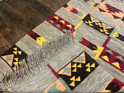 South American Flatweave Rug, Gray, Handmade Vintage Wool Bohemian Blanket