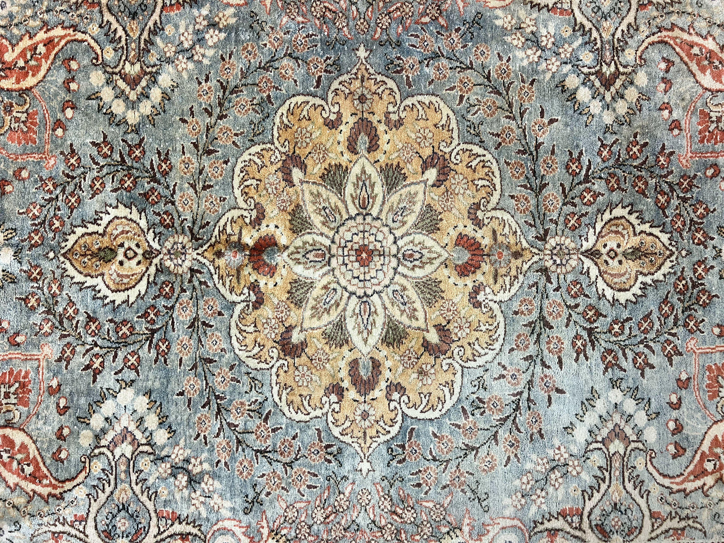 Silk Turkish Rug 5x7, Light Blue Silk Carpet, Floral Medallion, Turkish Kayseri Rug, Vintage Handmade Oriental Rug