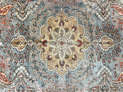 Silk Turkish Rug 5x7, Light Blue Silk Carpet, Floral Medallion, Turkish Kayseri Rug, Vintage Handmade Oriental Rug