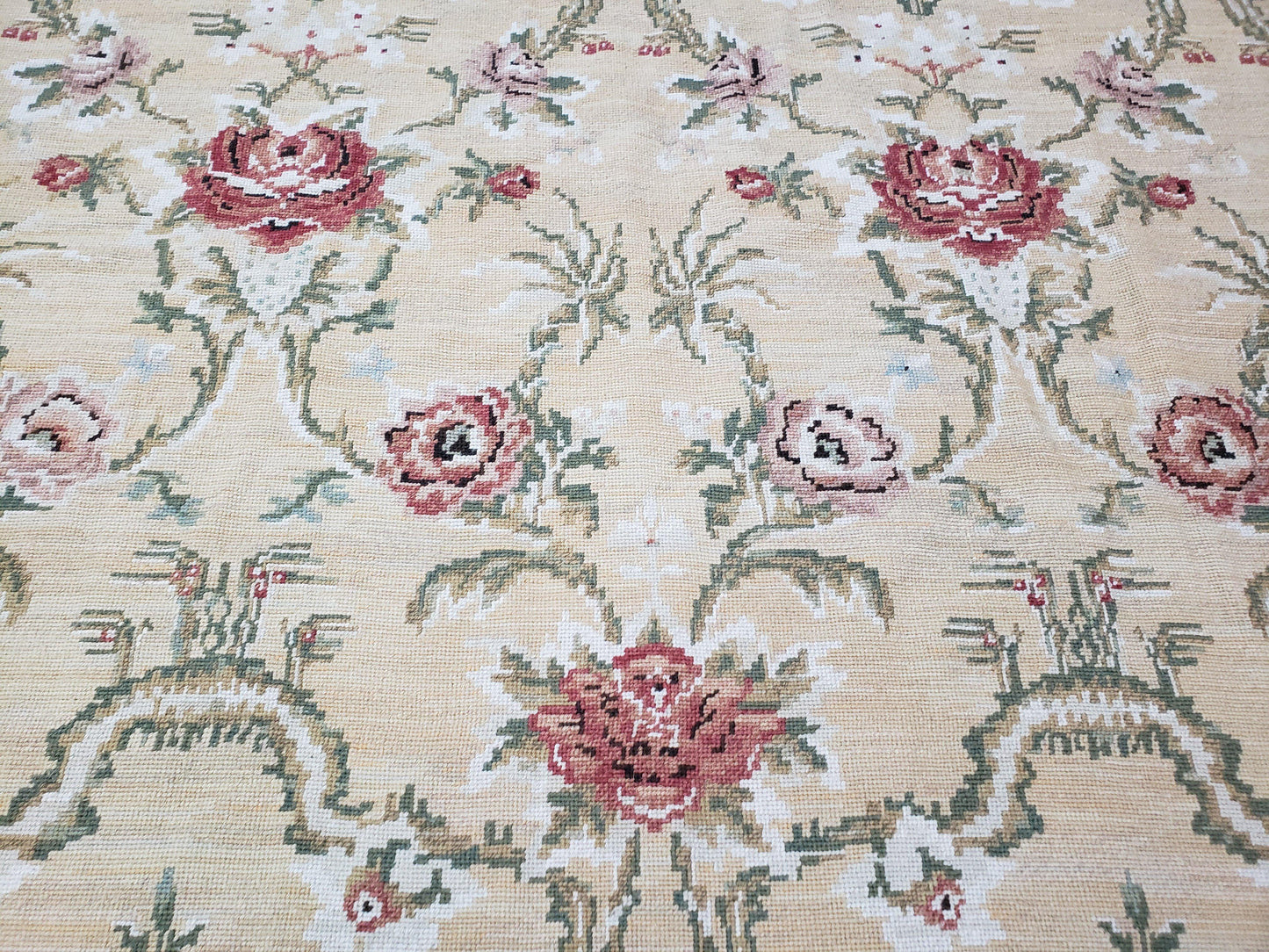 Needlepoint Rug 10x14 Wool Flatweave Carpet, English Floral Pattern, Pale Yellow, Roses, Allover Pattern, Handmade Large Needlepoint Nice