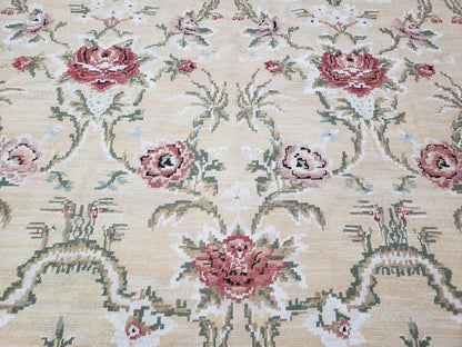 Needlepoint Rug 10x14 Wool Flatweave Carpet, English Floral Pattern, Pale Yellow, Roses, Allover Pattern, Handmade Large Needlepoint Nice