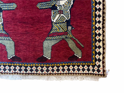 Handmade Wool Rug 3x6 Tribal Balouch Warriors Deer Pictorial Red Swords