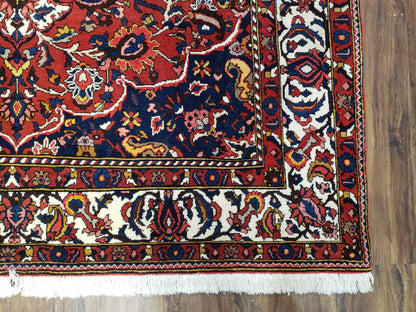 Semi Antique Persian Bakhtiari Rug, Hand-Knotted, Wool, Red, Midnight Blue, Ivory, Floral Medallion, 5'1" x 8' 6"