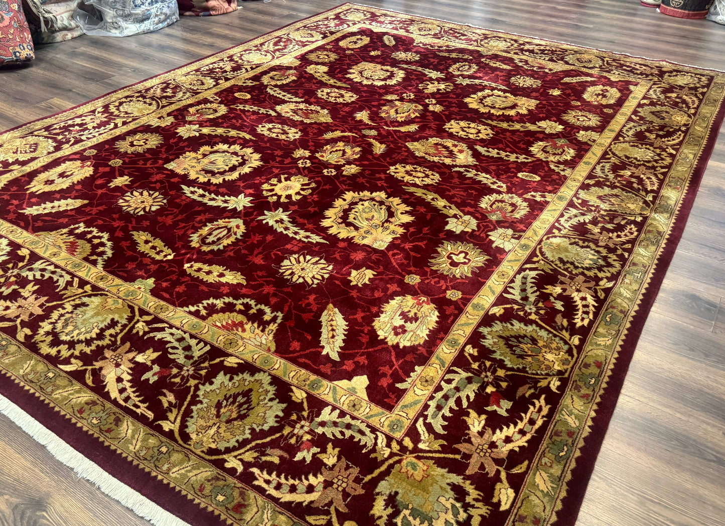 Indo Mahal Rug 9x12, Allover Pattern, Dark Red, Traditional Wool Area Rug