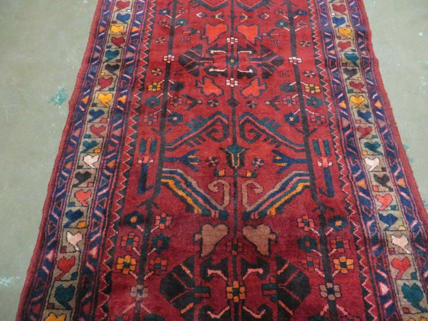Antique Persian Hamadan Runner 3.4 x 9.7 -  Wool, Red and Navy Blue