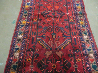 Antique Persian Hamadan Runner 3.4 x 9.7 -  Wool, Red and Navy Blue