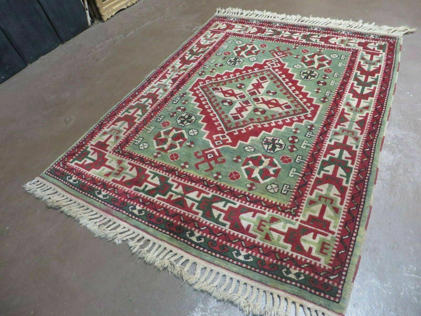 Kazak Rug Vintage Handmade Turkish Wool Rug 4x6 Fringed Carpet