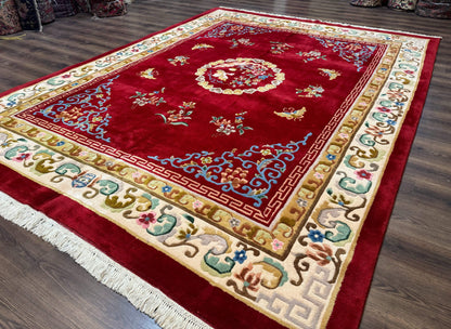Indo Chinese Wool Rug 9x12, Red Art Deco Carpet, Vintage