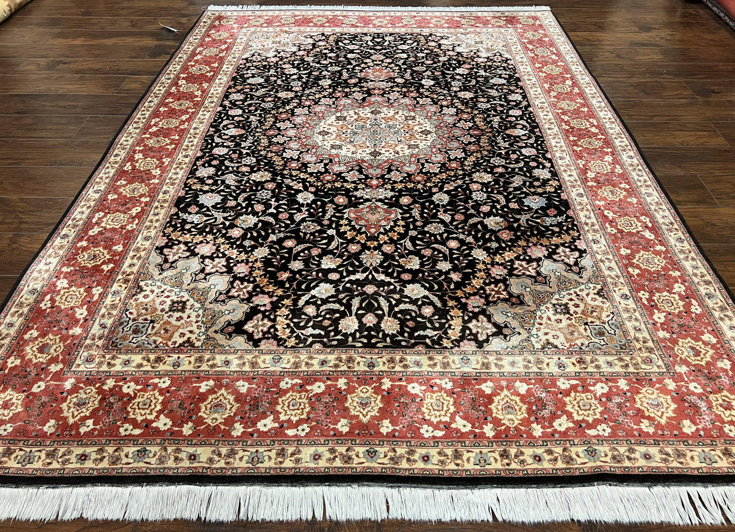 Marvelous Persian Tabriz Rug 7x10 ft, Super Fine 50 Raj, 300+ KPSI, Black and Rust Red, Floral Medallion Handmade Wool Oriental Carpet, Top Quality