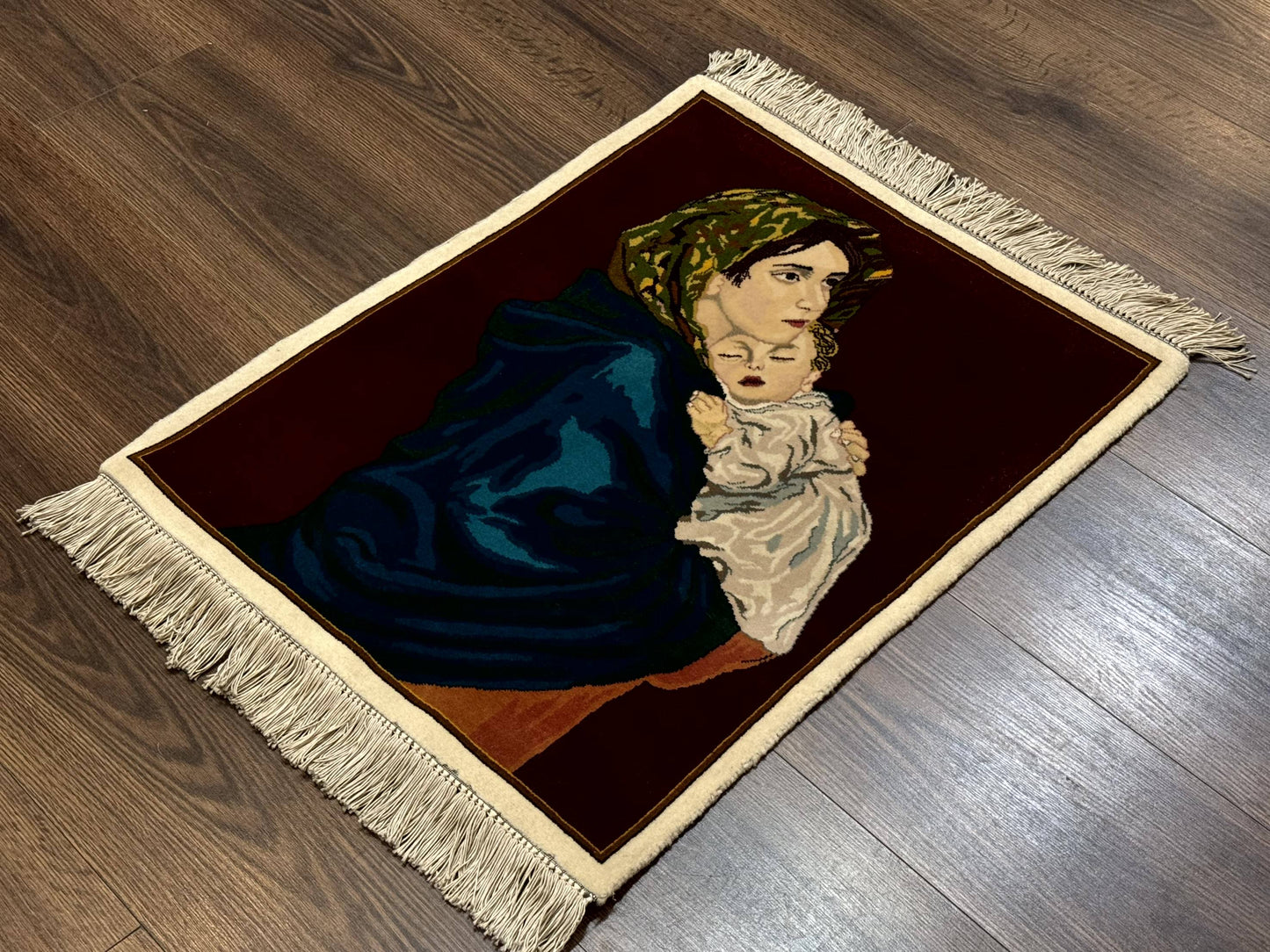 Small Persian Tabriz Pictorial Rug 2x2, Mother Holding Child, Very Fine 340 KPSI, Maroon