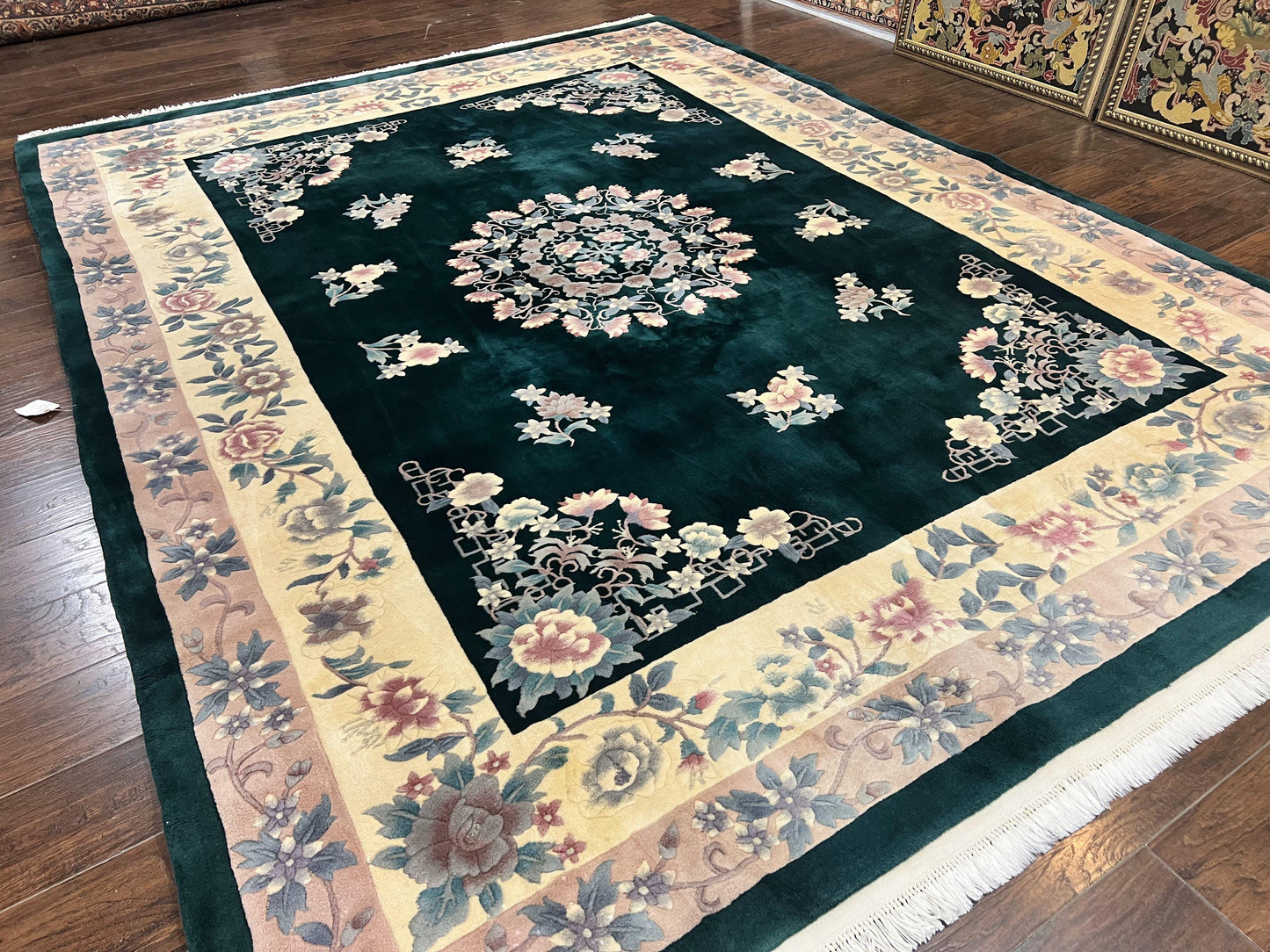 Chinese Art Deco Wool Hand Knotted Rug 9x12 Vintage Carpet Dark Green Cream